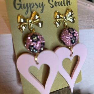 Gypsy South Pink Heart Dangle Earrings with Leopard Print Rhinestones Gold Bow